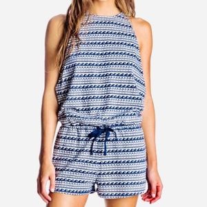 Roxy Blue Wave Print Open Side Cotton Romper
